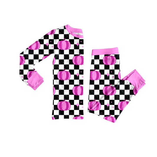 Preorder (moq 5)Baby Girls Black Plaid Long Sleeves Pumpkins Top Pants Pajamas Sets 6.21