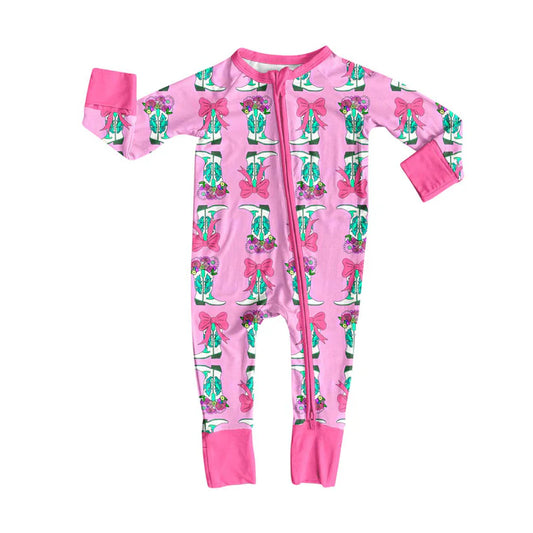 Preorder(moq 8)Baby Girls Bows Flowers Boots Stripe Zipper Footie Rompers 9.30