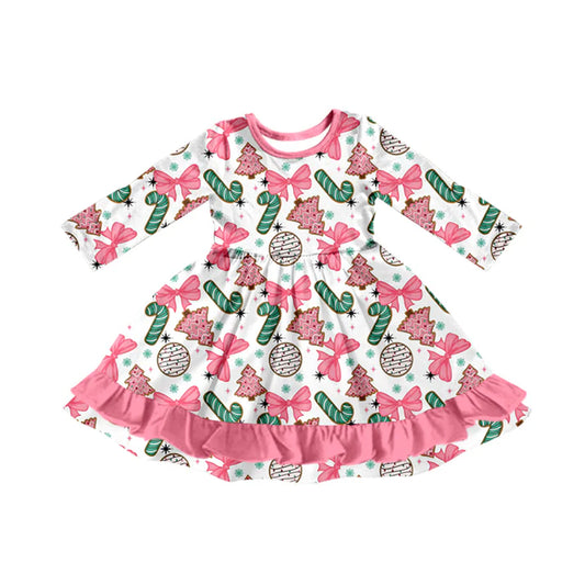 Preorder (moq 5)Baby Girls Long Sleeves Bows Candy Cane Ruffle Knee Length Dresses 7.28