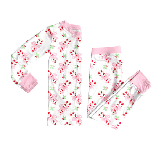 Preorder (moq 5)Baby Girls Bows Candy Cane Plaid Top Pant Christmas Pajamas Set 7.31