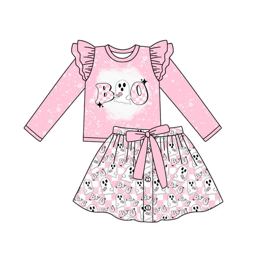 Preorder (moq 5)Baby Girls Pink Long Sleeves Ghost BOO Top Button Skirts Set 6.3