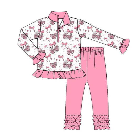 Preorder (moq 8)Baby Girls Bows Hearts Zipper Pullovers Ruffle Leggings Valentine Clothes Sets 9.16