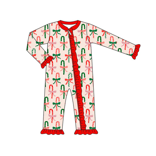 Preorder (moq 5)Baby Girls Long Sleeves Red Green Bows Candy Cane Ruffle Zipper Pant Romper 7.5