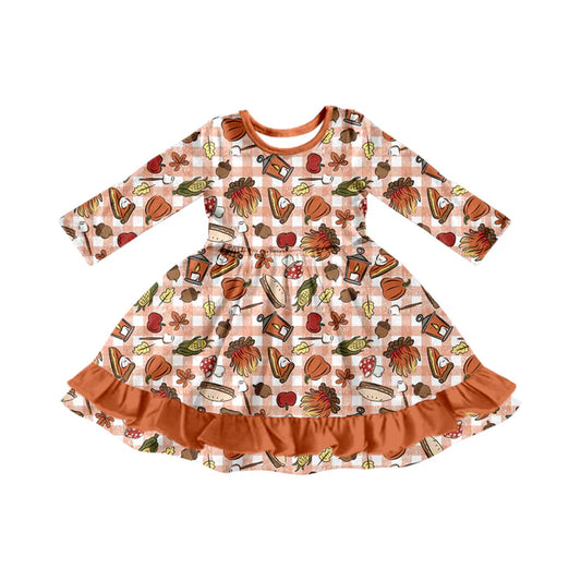 Preorder (moq 5)Baby Girls Long Sleeves Pumpkins Leaves Plaid Ruffle Knee Length Dresses 7.1