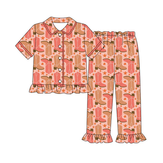 Preorder(moq 8)Baby Girls Orange Boots Stars Button Top Ruffle Pants Pajamas Sets 9.26