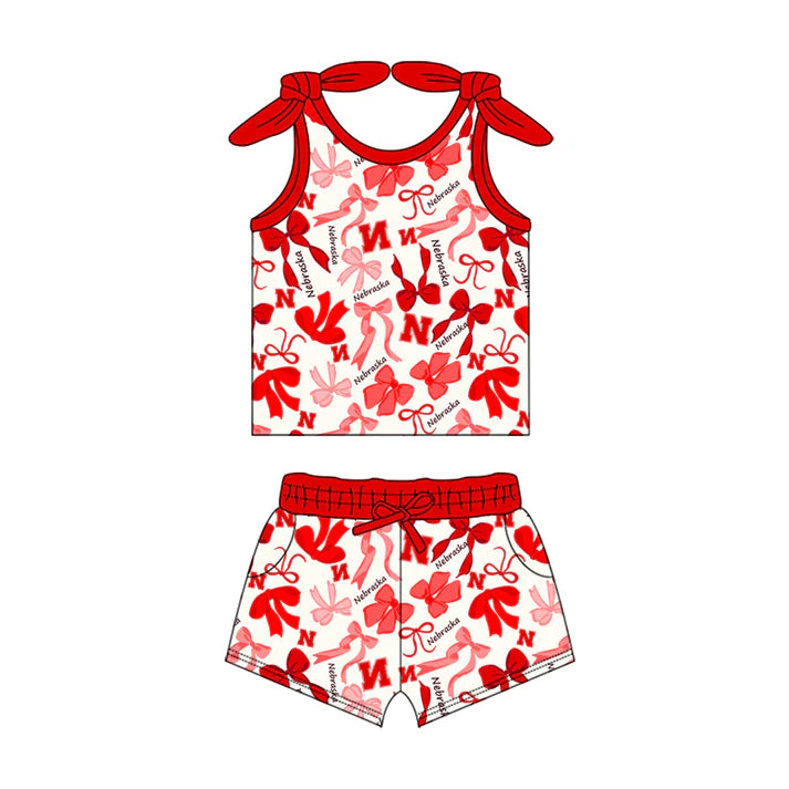 Preorder MOQ 5 pcs sleeveless N red bow top shorts girls team clothes 8.23