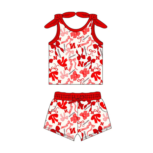 Preorder MOQ 5 pcs sleeveless N red bow top shorts girls team clothes 8.23