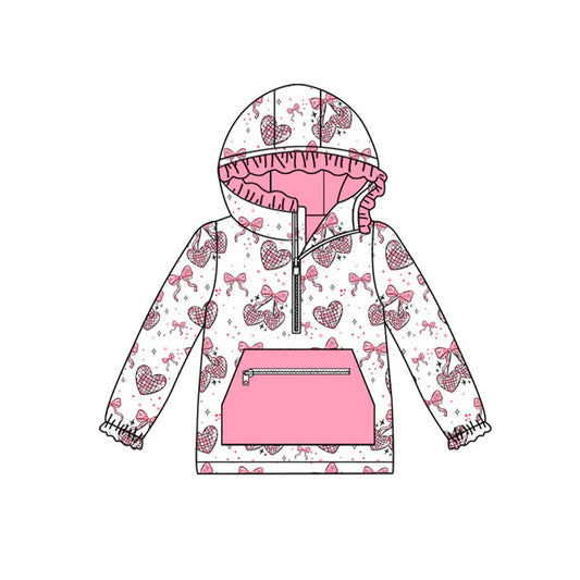 Preorder (moq 8)Baby Girls Pink Bows Hearts Pocket Zipper Valentine Ruffle Hoodies Top 9.16