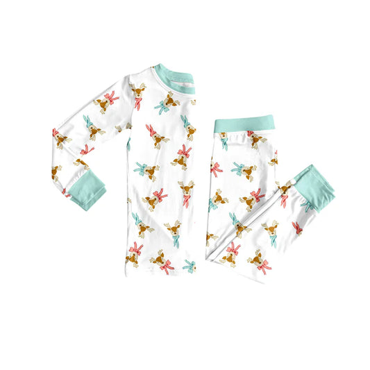 Preorder (moq 5)Baby Girls Long Sleeves Deer Bows Plaid Top Pant Pajamas Sets 6.10