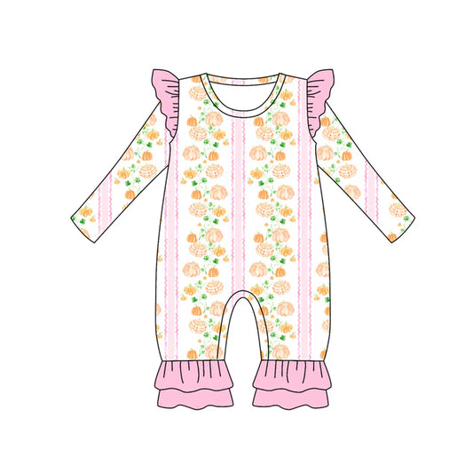 Preorder (moq 5)Baby Girls Long Sleeves Pumpkins Stripes Ruffle Pant Romper 7.5