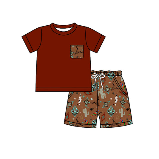 Preorder (moq 5)Baby Boys Dark Red Short Sleeves Pocket Top Cactus Bull Skull Aztec Shorts Set 4.24