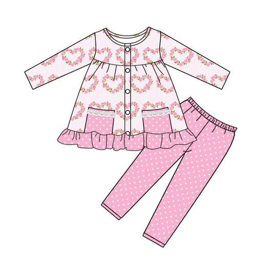 Preorder (moq 5)Baby Girls Flower Hearts Button Pockets Tunic Leggings Pant Valentine Clothes Sets 9.6