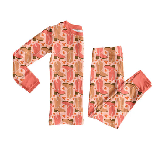 Preorder(moq 8)Baby Girls Orange Boots Stars Top Pants Pajamas Sets 9.26