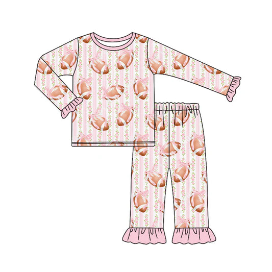 Preorder (moq 5)Baby Girls Long Ruffle Sleeves Pink Stripe Footballs Top Pant Pajamas Sets 6.23