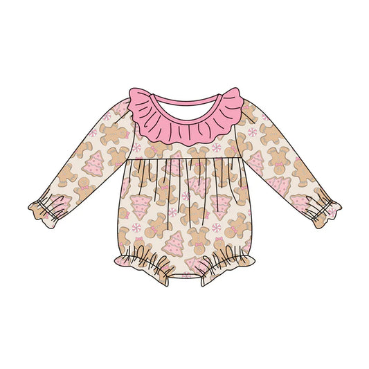 Preorder (moq 5)Baby Girls Long Sleeves Gingerbread Bows Trees Plaid Ruffle Romper 7.5