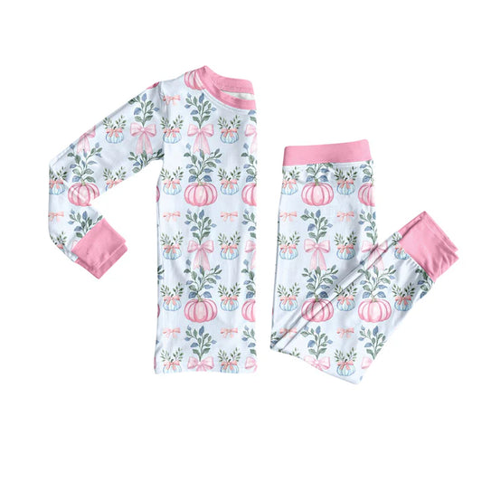Preorder (moq 5)Baby Girls Long Sleeves Pink Bows Pumpkins Top Pant Pajamas Set 6.18