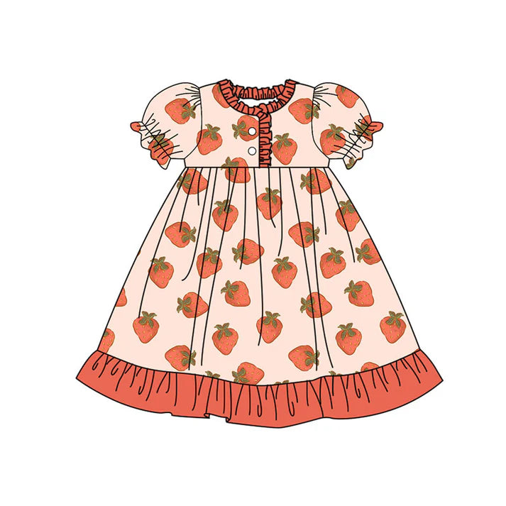 Preorder(moq 5) Baby Girls Berry Happy Strawberry Plaid Button Ruffle Knee Length Dresses 10.18