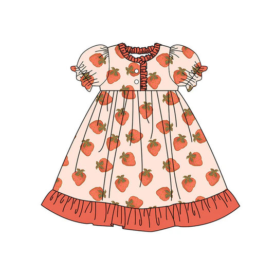 Preorder(moq 5) Baby Girls Berry Happy Strawberry Plaid Button Ruffle Knee Length Dresses 10.18