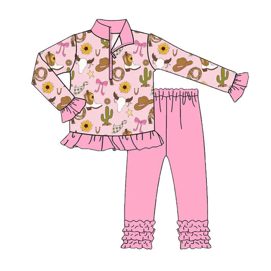 Preorder (moq 8)Baby Girls Pink Cactus Hats Bull Skulls Zipper Pullover Ruffle Leggings Western Clothes Sets 9.22