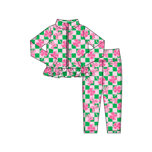 Preorder(moq 5) Baby Girls Clovers Bows Checked Zipper Jacket Leggings St Patrick Clothes Sets 10.31
