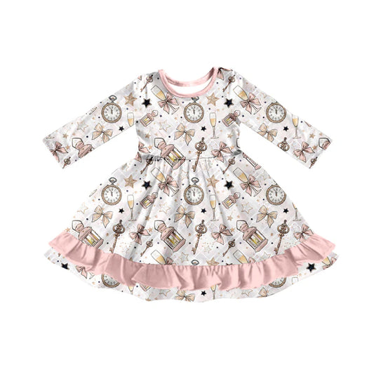 Preorder (moq 5)Baby Girls Long Sleeves Pink Bows Stars Plaid Ruffle Knee Length Dresses 7.28
