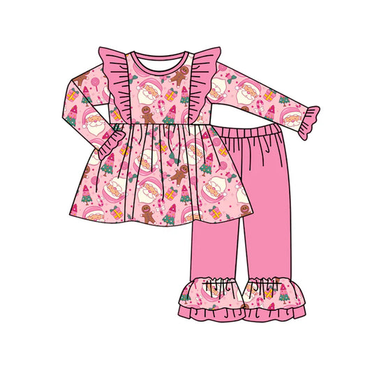 Preorder (moq 5)Baby Girls Pink Long Sleeves Santa Gingerbread Tunic Ruffle Pant Sets 6.3