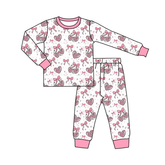 Preorder (moq 8)Baby Girls Pink Bows Hearts Top Pants Valentine Pajamas Sets 9.16