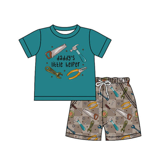 Preorder moq 5 Baby Boys Green Short Sleeves Daddy's Tools Top Pockets Shorts Set 4.14