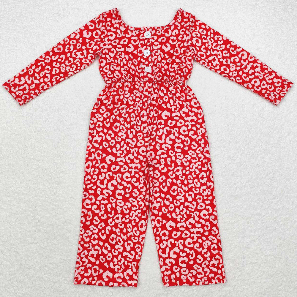 Baby Girls Jumpsuits Red Leopard Long Sleeve Pockets Jumpsuits LR1139