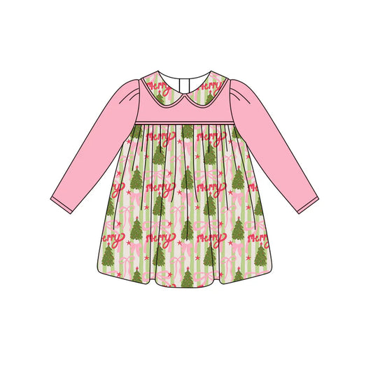 Preorder (moq 5)Baby Girls Pink Long Sleeves Trees Bows Stripe Knee Length Dresses 5.27