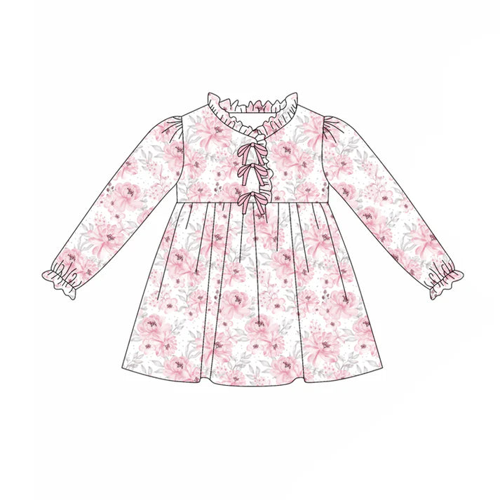 Preorder(moq 5) Baby Girls Long Ruffle Sleeves Pink Flowers Knee Length Dresses 7.24
