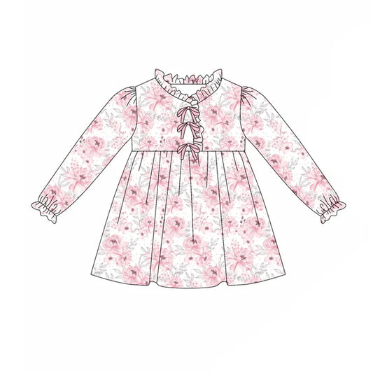 Preorder(moq 5) Baby Girls Long Ruffle Sleeves Pink Flowers Knee Length Dresses 7.24
