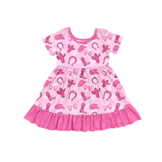 Preorder (moq 5)Baby Girls Pink Hat Boots Cactus Western Ruffle Knee Length Dresses 12.2