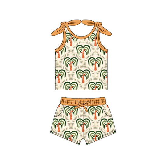 Preorder moq 5 Baby Girls Bows Sleeveless Trees Rainbows Top Pockets Short Set 4.15