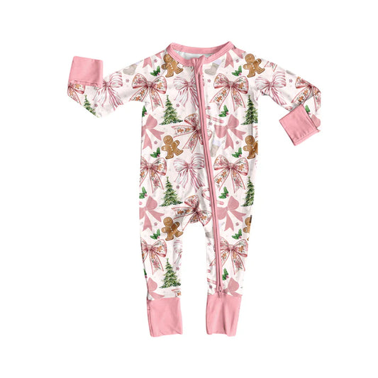 Preorder (moq 5)Baby Girls Long Sleeves Pink Bows Trees Gingerbread Zipper Romper 7.5
