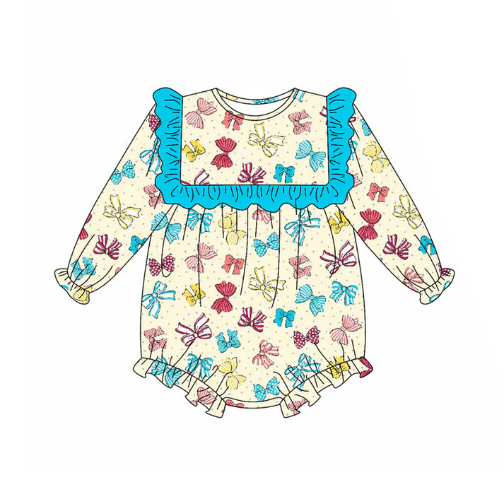 Preorder (moq 5)Baby Girls Long Sleeves Colorful Bows Ruffle Rompers 5.17