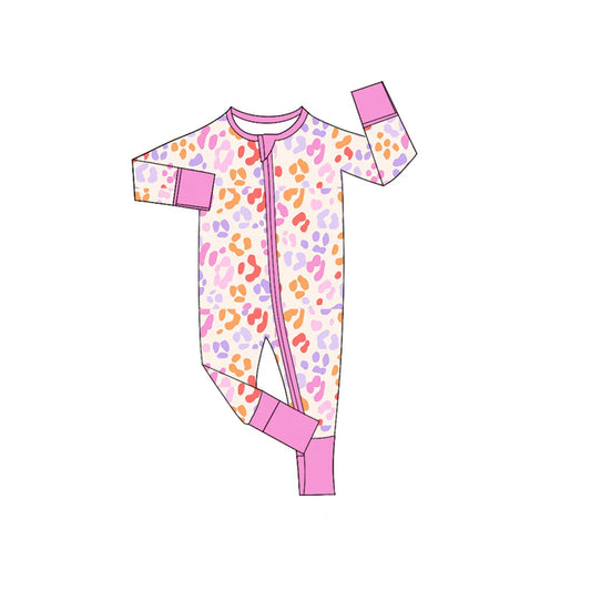 Preorder (moq 5)Baby Boys Pink Long Sleeves Colorful Leopard Zipper Rompers 5.26