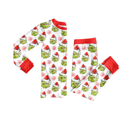 Preorder(moq 5) Baby Girls Green Face Snowflake Top Pants Christmas Pajamas Set 8.15