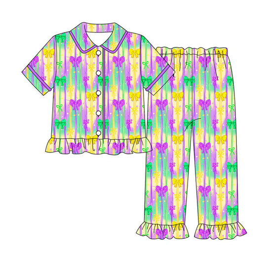 Preorder (moq 8)Baby Girls Bows Stripe Button Top Ruffle Pants Mardigras Pajamas Sets 9.15