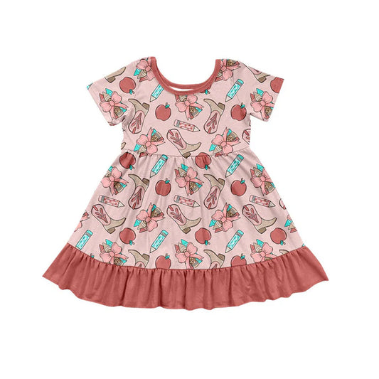 Preorder (moq 5)Baby Girls Pencils Boots Apples Back to School Ruffle Knee Length Dress 1.14