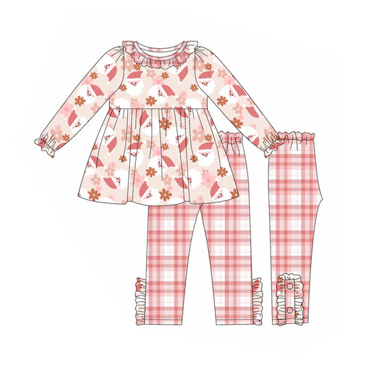 Preorder (moq 5)Baby Girls Long Ruffle Sleeves Peach Flowers Santa Tunic Legging Pant Set 5.24
