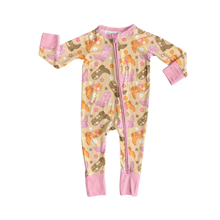 Preorder (moq 5)Baby Girls Boots Flowers Stars Western Zipper Footie Rompers 10.14