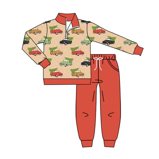 Preorder (moq 8)Baby Boys Green Red Cars Trees Zipper Pullover Pockets Jogger Christmas Clothes Sets 9.24