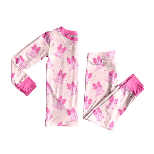 Preorder (moq 5)Baby Girls Pink Bows Boots Top Pants Valentine Pajamas Sets 9.3