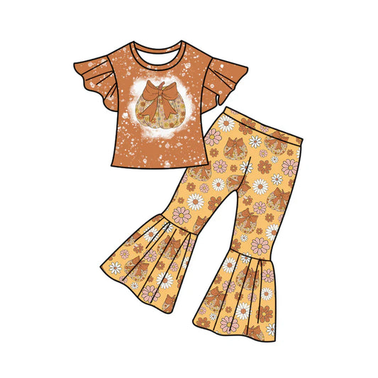 Preorder (moq 5)Baby Girls Brown Flutter Sleeves Bow Pumpkins Top Bell Bottom Pants Sets 6.21