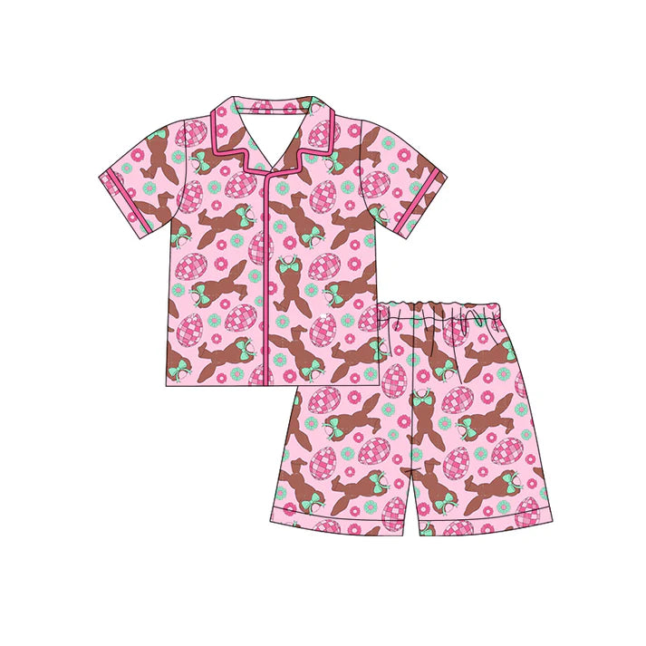 Preorder (moq 5)Baby Girls Rabbits Eggs Flowers Button Top Shorts Easter Pajamas Sets 12.13