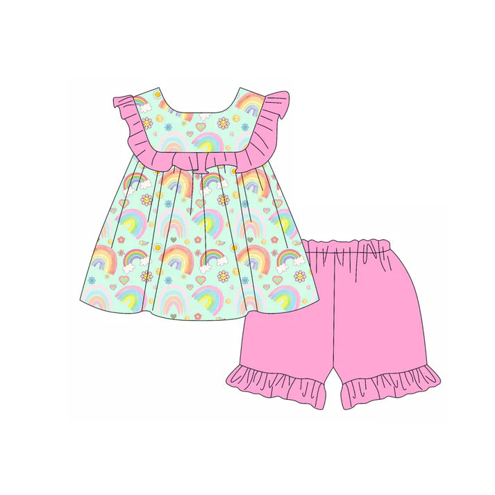 Preorder (moq 5)Baby Girls Rainbow Flower Hearts Tunic Ruffle Shorts Valentines Clothes Sets 11.26
