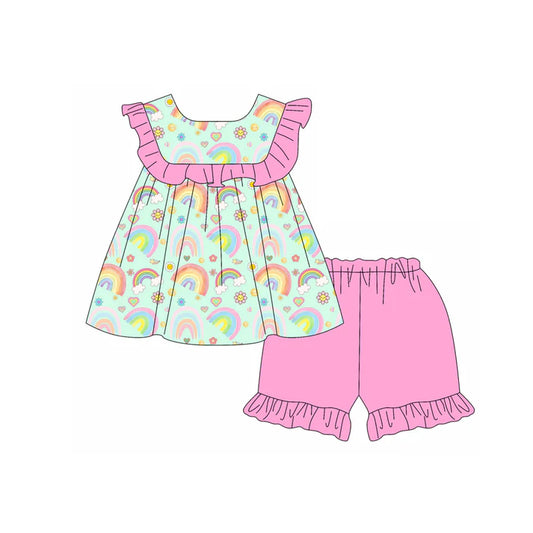 Preorder (moq 5)Baby Girls Rainbow Flower Hearts Tunic Ruffle Shorts Valentines Clothes Sets 11.26