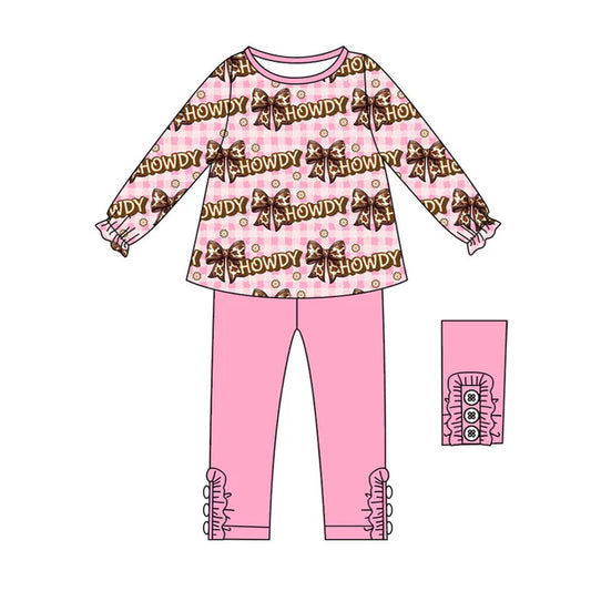 Preorder (moq 8)Baby Girls Pink Checked Bows Howdy Tunic Leggings Pant Clothes Sets 9.8