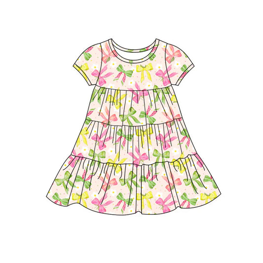 Preorder(moq 5) Baby Girls Colorful Bows Patchwork Ruffle Knee Length Dresses 11.14